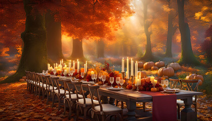 Autumn outdoor banquet table, autumn harvest season, holiday party, 
