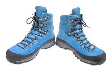 Trekking boots for hiking on a white background. Equipment for travel and hiking