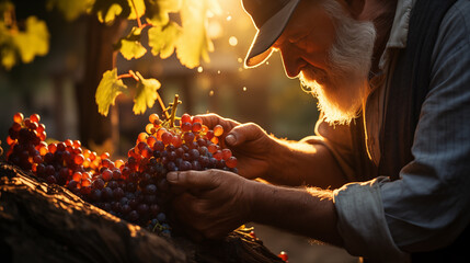 Weathered Vintner Inspects His Wine Grape Harvest in the Vineyard. Generative AI.