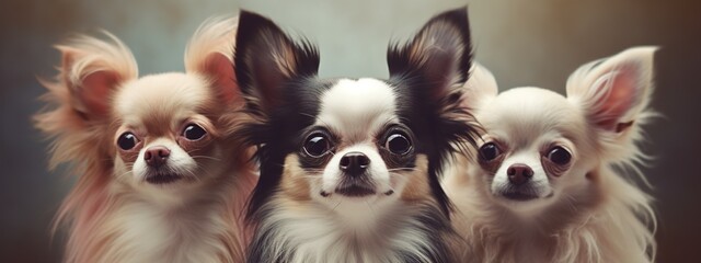 Three chihuahuas friends looking at camera, concept of Pet - obrazy, fototapety, plakaty