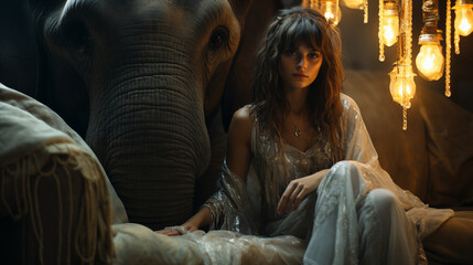 Contemplative Young Woman Sitting In A Daze Ignoring The Elephant In The Room. Generative AI.