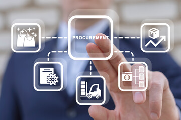 Supplier using virtual touch screen presses word: PROCUREMENT. Concept of procurement. Product...