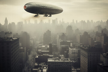 Fototapeta na wymiar Zeppelin over big city with skyscrapers, flight, flying zeppelin