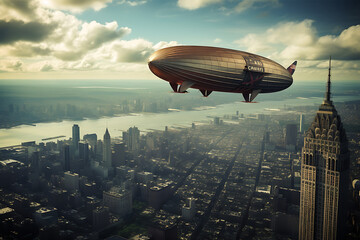 Fototapeta na wymiar Zeppelin over big city with skyscrapers, flight, flying zeppelin