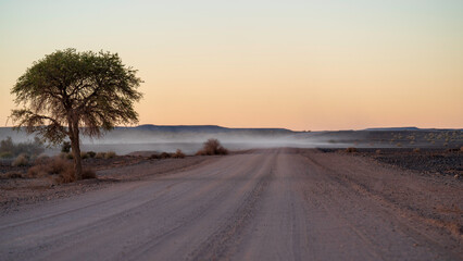 Fototapeta na wymiar Dust trail left by a car on a gravel road near Hobas, Namibia