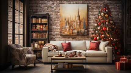 Cozy living room with Christmas tree and presents. Stylish living room interior with decorate.