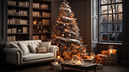 Cozy living room with Christmas tree and presents. Stylish living room interior with decorate.