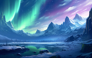 Fototapeta na wymiar Stunning Dreamlike Aurora Borealis over Snowy Mountains