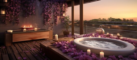 The spa s wellness setting is infused with the soothing scents of lavender and floral surrounded by the tranquil sound of flowing water in a bath filled with rejuvenating salt and flower pet - obrazy, fototapety, plakaty