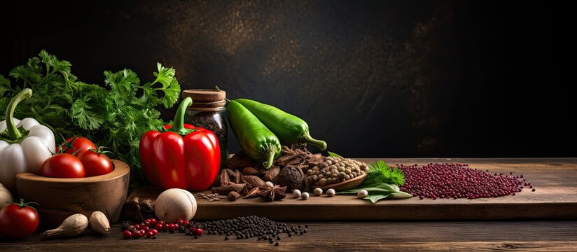The background of the wooden cutting board added a rustic texture to the colorful array of ingredients including green herbs black pepper seeds and vibrant red paprika enhancing the flavorfu