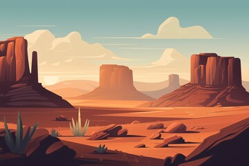 Searing hot desert valley landscape, hazy dust atmosphere, canyon of eroded rock formations, distant mountains and hills - outdoor hiking or travel destination advertising background illustration. 