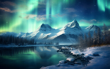 Naklejka premium Stunning Dreamlike Aurora Borealis over Snowy Mountains