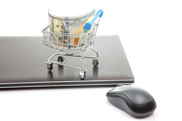 Model of a grocery cart with dollar money on the background of a laptop. Online business sale....