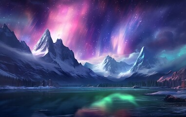 Fototapeta na wymiar Aurora Borealis and Snowy Mountains in Ethereal Atmosphere