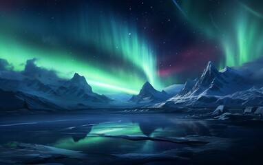 Fototapeta premium Aurora Borealis and Snowy Mountains in Night Sky