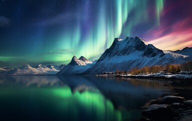 Fototapeta na wymiar Aurora Borealis and Snowy Mountains in Night Sky