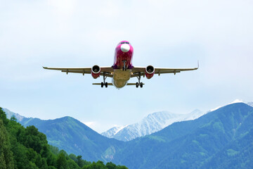 Fototapeta na wymiar Passenger jet plane flies in the sky. Air transport industry