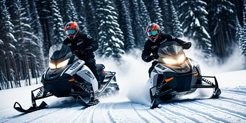 Fotobehang Two riders on snowmobiles in motion wide image © AlexArty