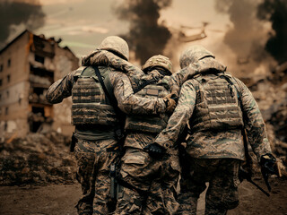 Two army soldiers helping a wounded soldier between smoke and gas in destroyed city