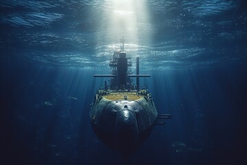 Large military submarine sails underwater. Navy