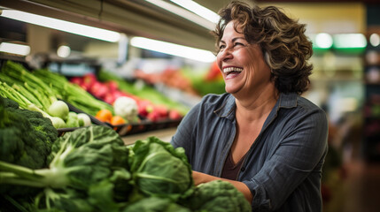 Middle-aged Latina in the produce section of the grocery store