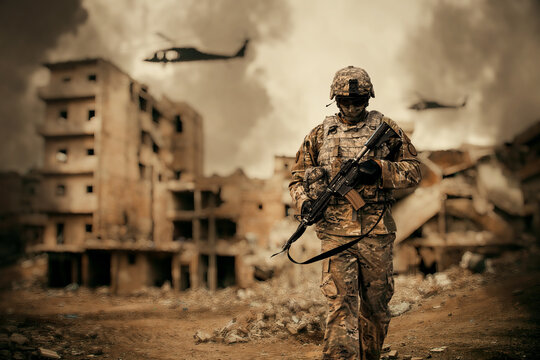 Special force walking between smoke and gas in battlefield in destroyed city