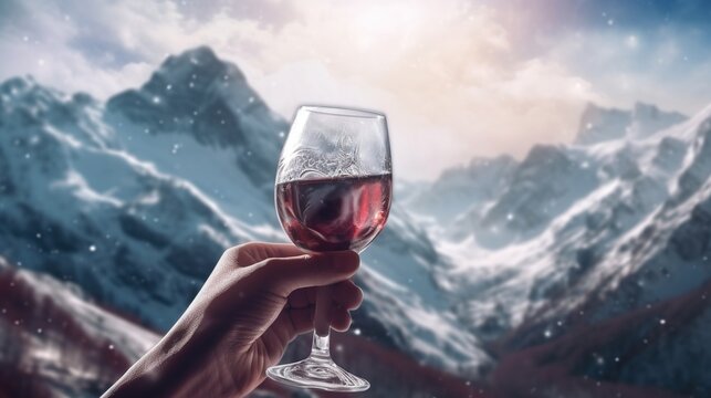 Glass of wine in front of snow mountains 