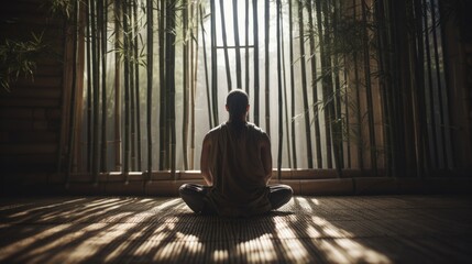 A man sitting on the floor in front of a window. Yoga meditation outdoors.