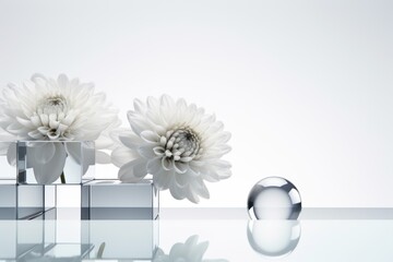 Three white flowers in a glass vase on a table.