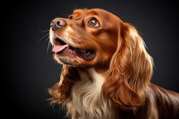A close up of a spaniel dog with a black background.