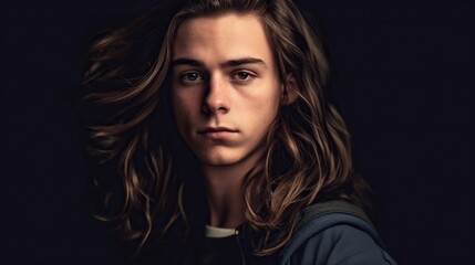 Portrait of a handsome young man with long hair 