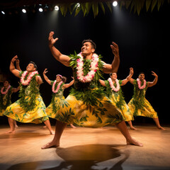 lifestyle men hula dancers in hawaii on stage.