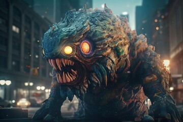 Monster destroys the city. Attack of space creatures. Fantastic character