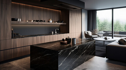 Luxury kitchen interior design with black marble countertop. 3d rende 
generativa IA