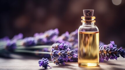 A bottle of lavender essential oil next to a bunch of lavender flowers.