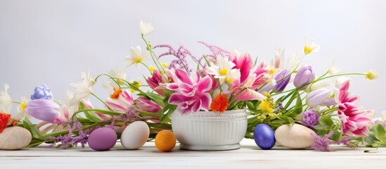 On the white wooden table a vibrant and colorful Easter centerpiece with a background pattern of flowers and leaves brings the essence of nature into the spring celebration