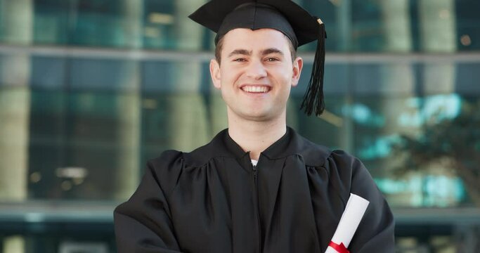 Face, closeup and man in smile by graduation, happy and student achievement of university degree on campus. Young person, portrait and diploma award in proud, graduate and college success by outdoor