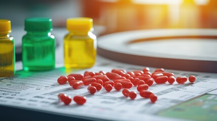 A close up of pills on a table. Red and yellow capsules with vitamins, supplements, or medications. - obrazy, fototapety, plakaty