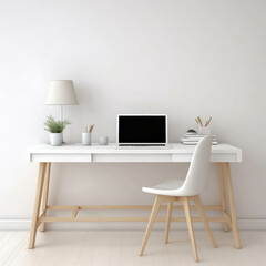 Modern office room decoration in white tones. Generative AI illustration