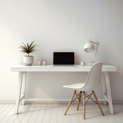 Modern office room decoration in white tones. Generative AI illustration
