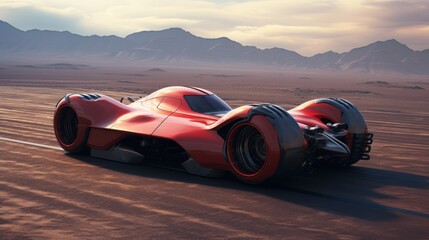 Red futuristic sports racing car races across the land of an alien planet. Futuristic concept of technologies of other worlds and civilizations. Extraterrestrial automobiles and technology. - obrazy, fototapety, plakaty
