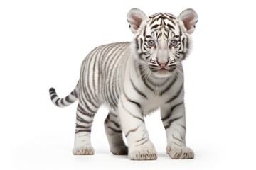 An adorable white Bengal tiger cub, small and fluffy kitten, stands alone against a white backdrop. Ideal for use in design, posters, and banners. © Jafree