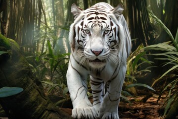 Bengal White tiger. Free wild tiger in natural habitat walks in forest among foliage. Proud look. Strength and power of wild beast. Noble proud animal. Background. Symbol of strength and freedom.