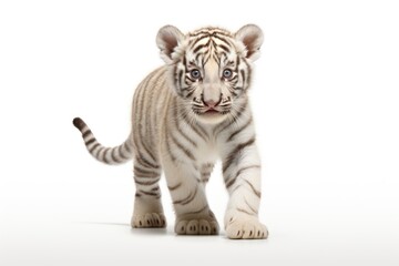 An adorable white Bengal tiger cub, a small and fluffy kitten, stands alone against a white backdrop. Ideal for use in design, posters, and banners.