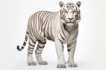 A stunning White Bengal tiger, set against a white background, radiates majesty and pride. This powerful and noble creature is perfect for use in designing banners, posters, and postcards