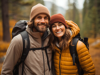 Fototapeta premium couple man and woman in the hiking together on a mountain in forest woods during fall winter in coats and beanie hats