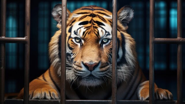 Tiger locked in cage. Lonely skinny tiger in cramped jail behind bars with sad look. Concept of keeping animals in captivity where they suffer. Prisoner. Waiting for liberation. Animal abuse.