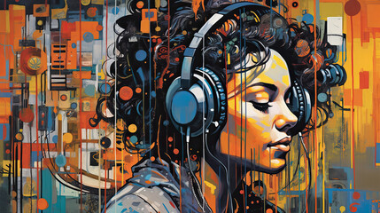 colorful painting of a woman with headphones