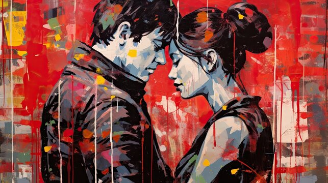 romantic illustration of a man and a woman, in street graffiti style.