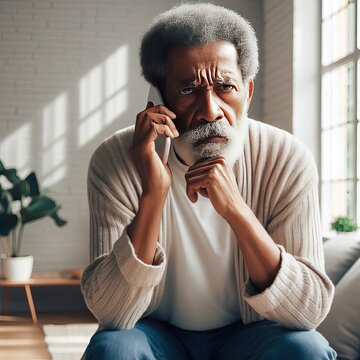 African Old Man Angry And Complaining Because He Doesn't Accept The Conditions On The Phone With The Company At His Home, People Concept, Generative Ai